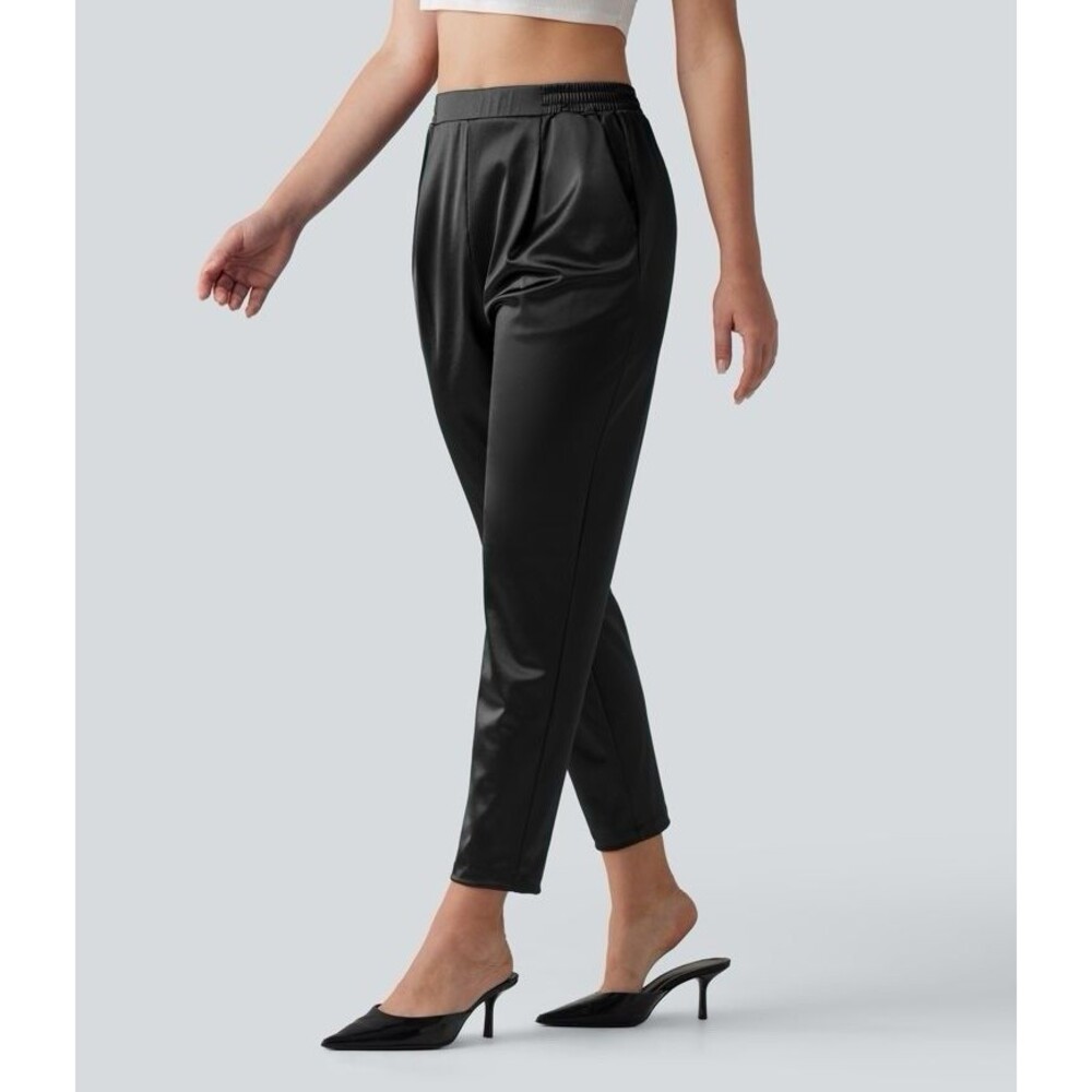 Halara Satin Pants Sz XS Black High Waisted Tapered Leg Pockets Stretch NWT